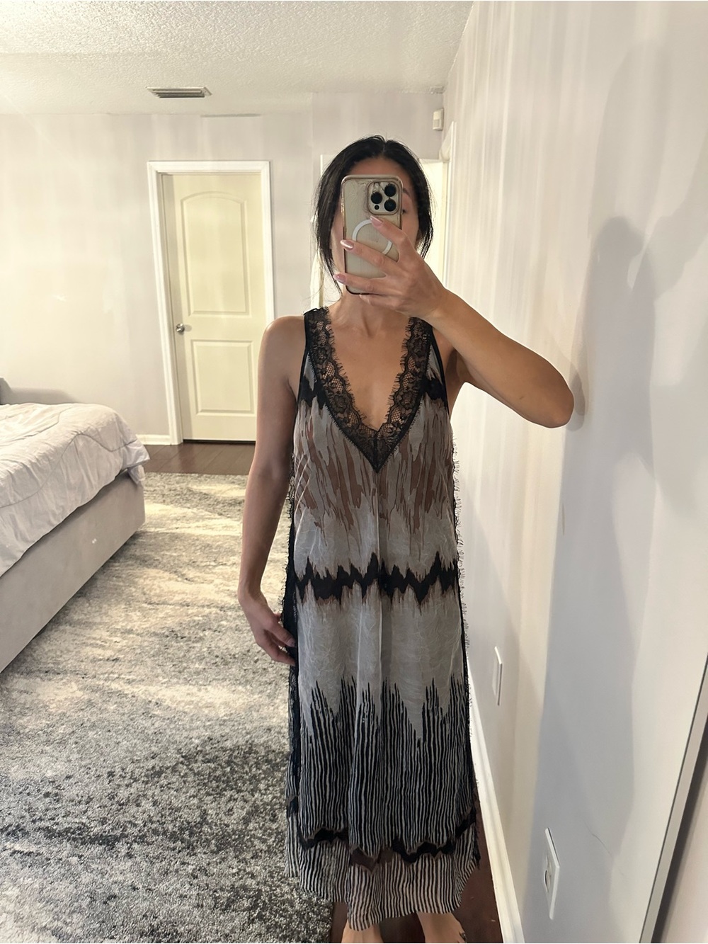 Zara Lace-Trim V-Neck Slip Dress in Taupe and Black